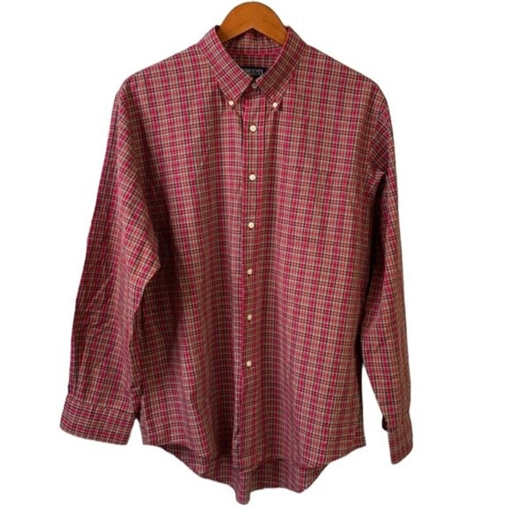 Lands' End Red Plaid Button Down Shirt Long Sleeve Cotton Lightweight Size 17-35